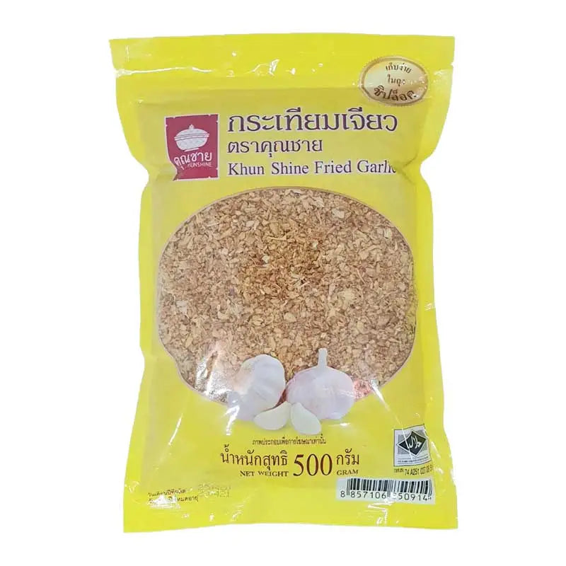 KHUNSHINE Fried Garlic in a 500g package, shown in a close-up image highlighting golden, crispy garlic cloves.