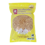 Khunshine Fried Garlic 500g jar, dry grocery product with crispy, golden fried garlic pieces in a clear container