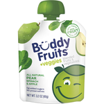 Buddy Fruits Spinach and Pear healthy snack in a clear container, featuring fresh spinach leaves and ripe pear slices.