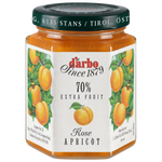 D'Arbo Apricot Preserve jar with a label, showcasing the golden apricot jam inside, on a white background.