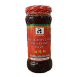 Lin Lin Chilli with Peanut in oil, a flavorful grocery jar featuring spicy chili, crunchy peanuts, and oil in a clear container.