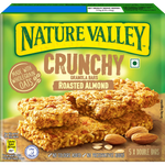 Nature Valley Roasted Almond Crunchy Granola Bars package, showing the bars with almonds and oats in a resealable wrapper.