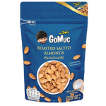 Gomac roasted salted almonds, a tasty confectionery snack with golden-brown, salted almonds in a clear bowl.
