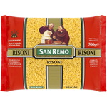 San Remo Risoni pasta in a clear package, showcasing the small, rice-shaped Italian grocery product for cooking and recipes.