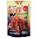 O-Yua Sweet Dried Beef, a chewy confectionery snack with seasoned dried beef slices on a white background.