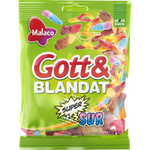 Malaco Gott & Blandat confectionery snacks featuring colorful, assorted gummy candies in a clear container.