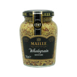 Jar of Maille Whole Grain Mustard with visible mustard seeds in the glass jar on a neutral background.
