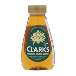 Clarks Organic Agave Syrup bottle, natural sweetener, clear glass container with white cap, labeled Clarks Organic Agave Syrup.