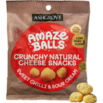 Amazeballs Sweet Chilli & Sour Cream confectionery snacks in a colorful package with the snacks visible inside.
