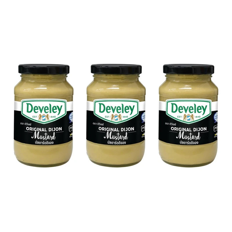 Three Develey Dijon Mustard 350g bottles with yellow labels and squeeze caps, arranged on a white background.