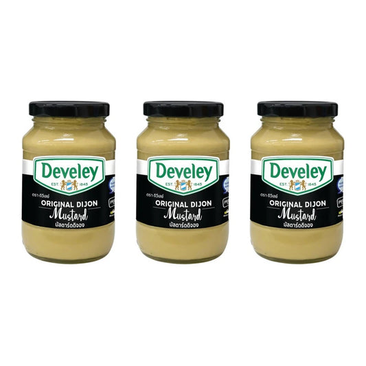 Three Develey Dijon Mustard 350g bottles with yellow labels and squeeze caps, arranged on a white background.