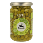 Alce Nero Organic Boiled Small Peas in a bowl, fresh green peas ready to eat, packaged as organic grocery product.