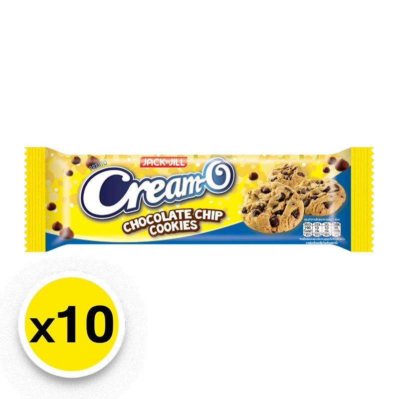 Cream-O Chocolate Chip Cookies 36g pack, featuring golden cookies with chocolate chips, arranged on a white surface.