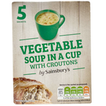 Sainsbury's vegetable soup in a cup with croutons, ready-to-eat grocery product, served in a white cup with vegetable pieces and crispy croutons.