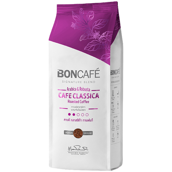 Boncafe Cafe Classica roasted ground coffee in a bag, ready for brewing, showcasing rich, dark coffee grounds.