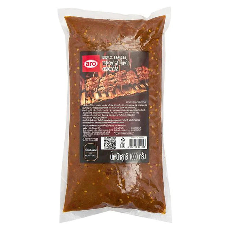 ARO Mala Sauce 1 kg jar with spicy, flavorful Chinese-style condiment visible in a clear glass container