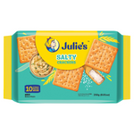 Julie’s Salty Crackers in a clear package, showing crispy, salted confectionery snack biscuits from the Julie’s brand.