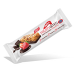 Poppins Granilies Oat Bar with dark chocolate and strawberry, showing the snack with chocolate and strawberry pieces on the packaging