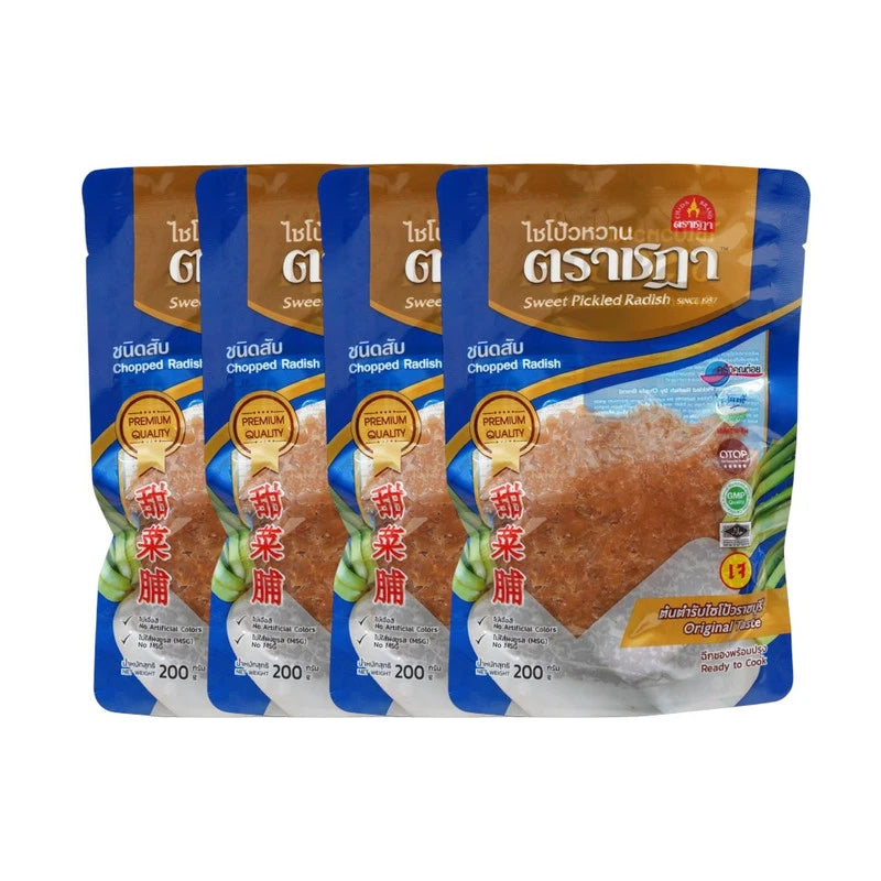 Chada Sweet Chopped Preserved Radish for fried eggs, 4 packs of 200g each, no MSG or color additives, in a clear image.