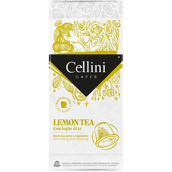 Cellini Lemon Tea capsules for drinks, showing a close-up of the capsule packaging with lemon tea flavor branding.