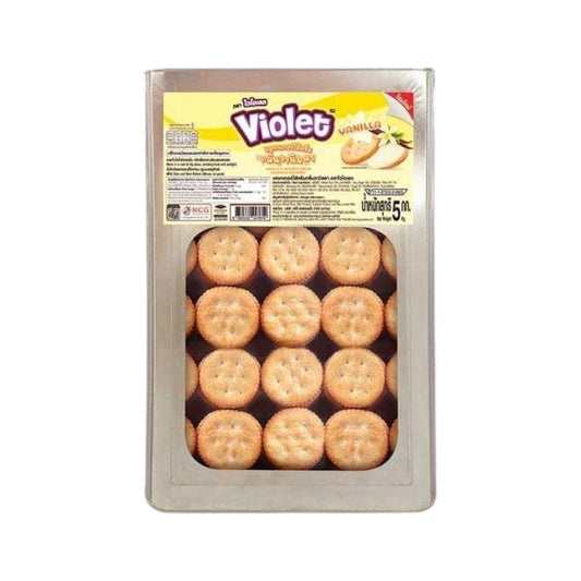 VIOLET Cracker Vanilla 5kg, box of vanilla-flavored crackers with a golden-brown appearance, stacked neatly.