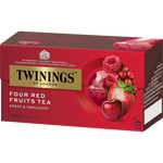 Twinings Four Red Fruit Tea drink in a clear glass, showcasing vibrant red fruit infusion and tea.