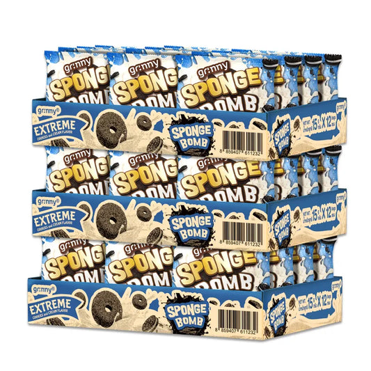 Grinny Sponge Bomb Snack Extreme Cookies and Cream flavor, 15g sponge snack, shown in pack of 12 x 3 on a white background.