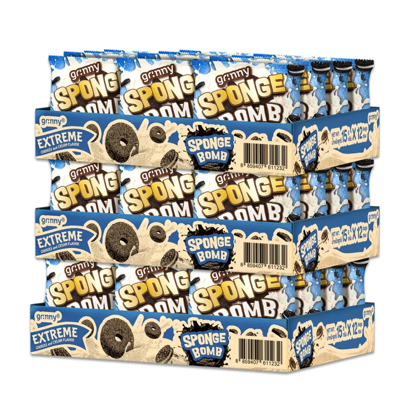 GRINNY SPONGE BOMB SNACK EXTREME COOKIES AND CREAM FLAVOR .