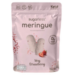 Sugarless meringue snack in very strawberry flavor, light and fluffy confectionery treat with pink and white meringue pieces.