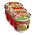 WAIWAI instant clam stir-fry noodles in a bowl with chili flavor, ready to eat, showcasing the dry noodle dish with vibrant ingredients.