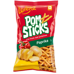Lorenz Pomsticks Paprika, spicy confectionery snack in bright red packaging, showcasing crunchy snack sticks flavored with paprika.
