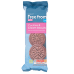 Sainsbury's Free From Cookies & Cream biscuits, confectionery snack with cookies and cream flavor, displayed in packaging.