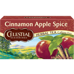 Celestial Seasonings Cinnamon Apple Spice herbal tea in a tea cup, featuring cinnamon sticks and apple slices on the packaging.