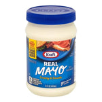 Kraft Real Mayo 443ml jar with creamy mayonnaise visible inside, labeled as dry grocery from the Kraft brand.