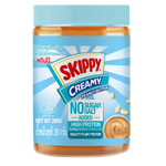 Skippy No Sugar No Salt grocery jar of peanut butter, creamy texture, labeled with brand and product name on the container.