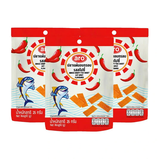 Aro baked crispy fish sheet in hot spicy flavor, 25g x 3 packs, showing the crispy fish snacks in colorful packaging.