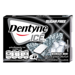 Dentyne Ice Sugar Free Midnight Mint chewing gum pack with blue packaging and mint-flavored gum pieces inside.