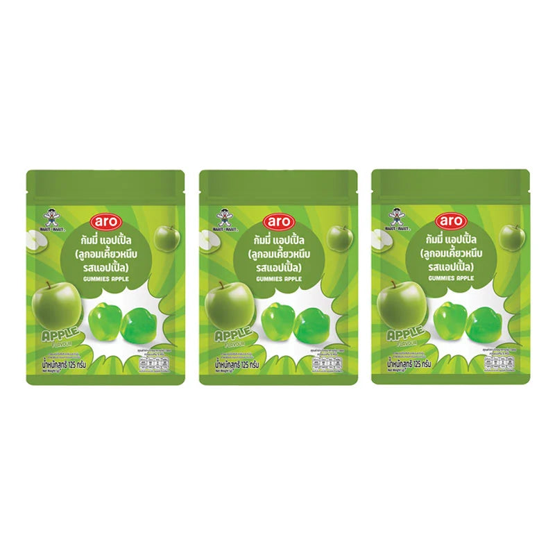 Assorted ARO Apple Gummy candies in 125g packs, colorful and chewy fruit-flavored gummies on a white background.