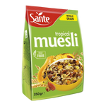Sante Tropical Muesli in a bowl with dried fruits and nuts, showcasing the healthy, colorful breakfast cereal from the Sante brand.