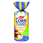Cornthins Thin Corn Crackers Original, crispy snack crackers with light texture, shown in a close-up image.