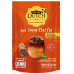 Cocoa Dutch 3-in-1 Thai tea drink in a glass, showing a creamy, light brown beverage with a smooth texture.