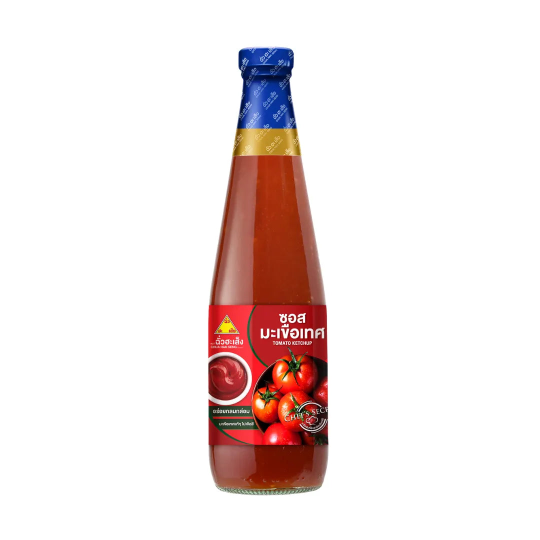 Bottle of CHUA HAH SENG Tomato Ketchup 650g with red ketchup visible inside, labeled with brand and product information.