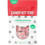 Candy Kittens Wild Strawberry confectionery snacks in bright packaging with colorful candy pieces on a white background.