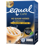 Equal Caramel Latte instant coffee mix powder in a glass mug, showcasing its creamy caramel flavor and rich coffee appearance.