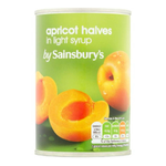 Canned Sainsbury's apricot halves in light syrup, displayed in a bowl with some apricots visible.