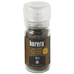 Kurera Organic Kampot Pepper in a glass jar, showcasing dark, whole peppercorns with a textured surface for gourmet seasoning.