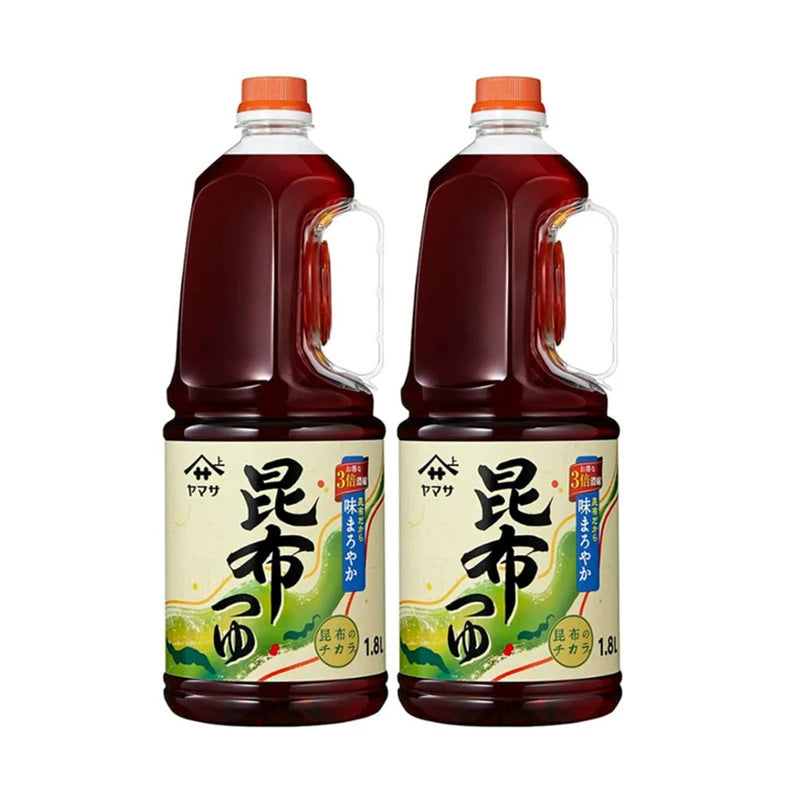 YAMASA Kombu Tsuyu soup base bottles featuring Japanese soy sauce, kelp, shiitake, bonito, and sardine extract in 1.8L bottles