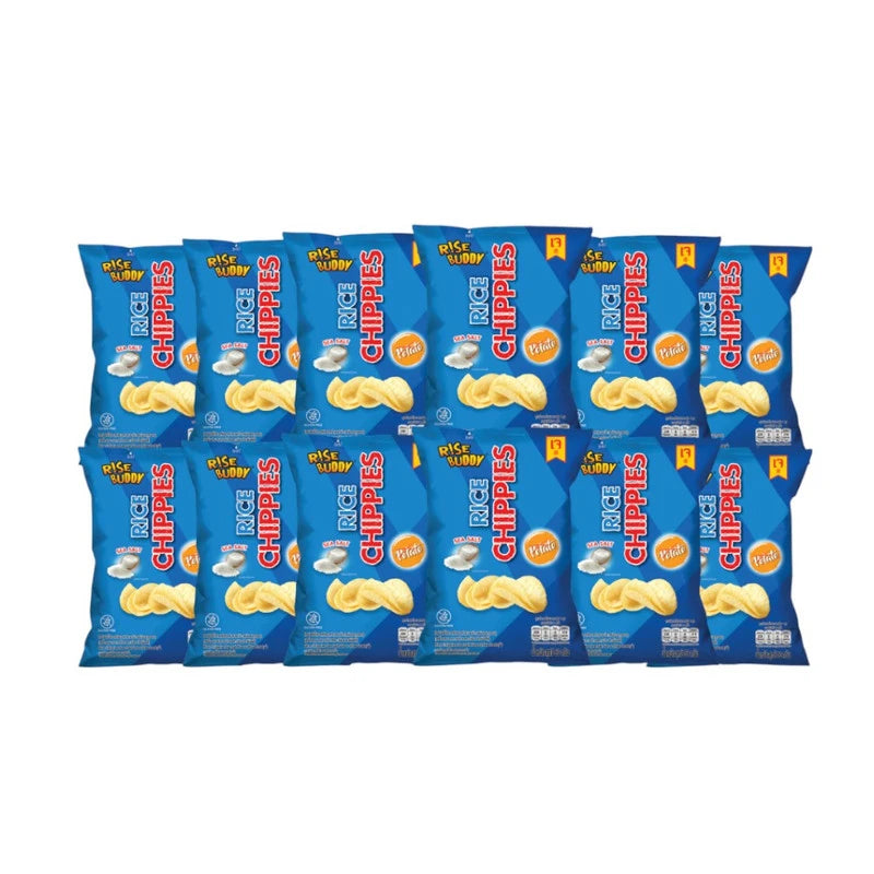 RISE BUDDY Rice Chips Sea Salt flavor in a healthy snack pack of 12 sachets, showing crispy rice chips with sea salt seasoning.