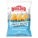 Boulder Canyon Less Sodium Potato Chips in a bag, crispy snack with fewer salts, packaged for convenient snacking.
