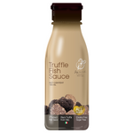 Squid Truffle Fish Sauce bottle for gourmet cooking, featuring a clear label with black and gold accents on a white background.
